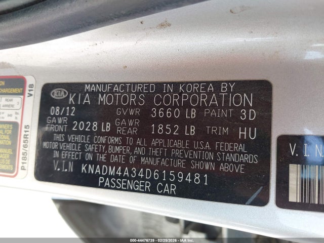 2013 Kia Rio Lx მანქანა იყიდება აუქციონზე, vin: KNADM4A34D6159481, აუქციონის ნომერი: 44476739