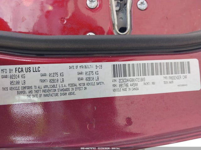 2019 Dodge Charger Gt Rwd მანქანა იყიდება აუქციონზე, vin: 2C3CDXHG8KH721603, აუქციონის ნომერი: 44476763