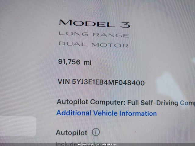44476796 :رقم المزاد ، 5YJ3E1EB4MF048400 vin ، 2021 Tesla Model 3 Long Range Dual Motor All-wheel Drive مزاد بيع