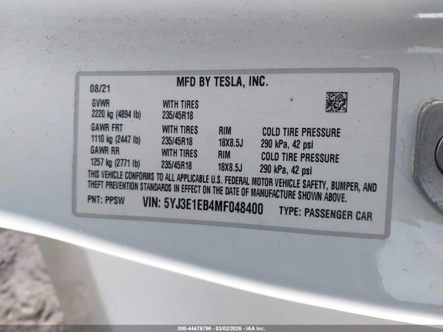 44476796 :رقم المزاد ، 5YJ3E1EB4MF048400 vin ، 2021 Tesla Model 3 Long Range Dual Motor All-wheel Drive مزاد بيع