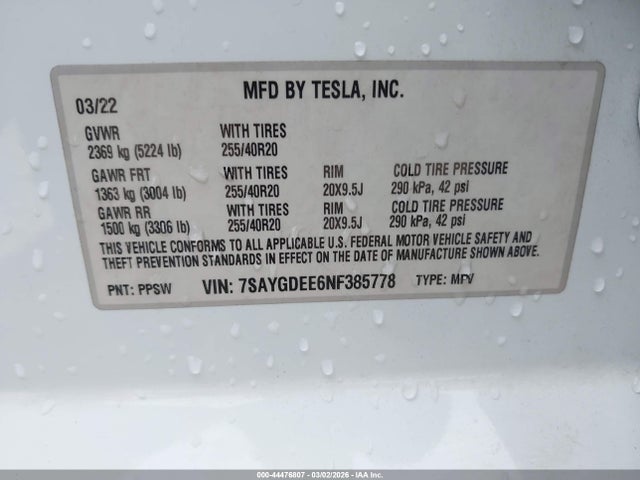 44476807 :رقم المزاد ، 7SAYGDEE6NF385778 vin ، 2022 Tesla Model Y Long Range Dual Motor All-wheel Drive مزاد بيع