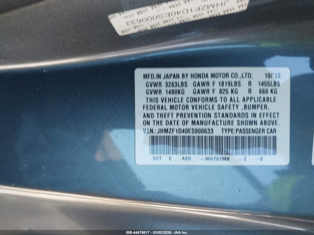 2014 Honda Cr-z მანქანა იყიდება აუქციონზე, vin: JHMZF1D40ES000633, აუქციონის ნომერი: 44476817