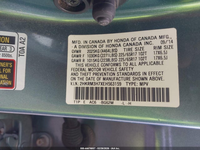 44476857 :رقم المزاد ، 2HKRM3H7XEH563159 vin ، 2014 Honda Cr-v Ex-l مزاد بيع