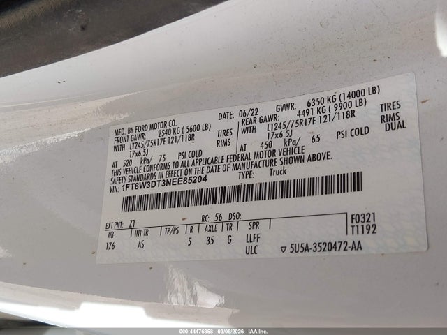 Aukcja sprzedaży 2022 Ford F-350 Xl, vin: 1FT8W3DT3NEE85204, numer aukcji: 44476858