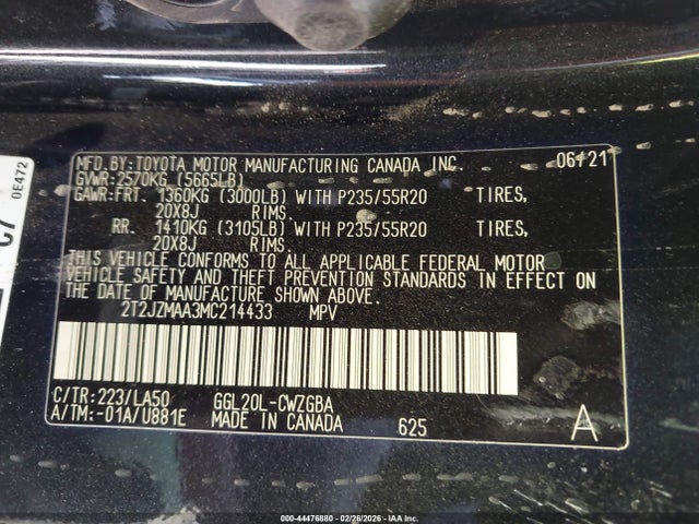 Продажа на аукционе авто 2021 Lexus Rx 350, vin: 2T2JZMAA3MC214433, номер лота: 44476880