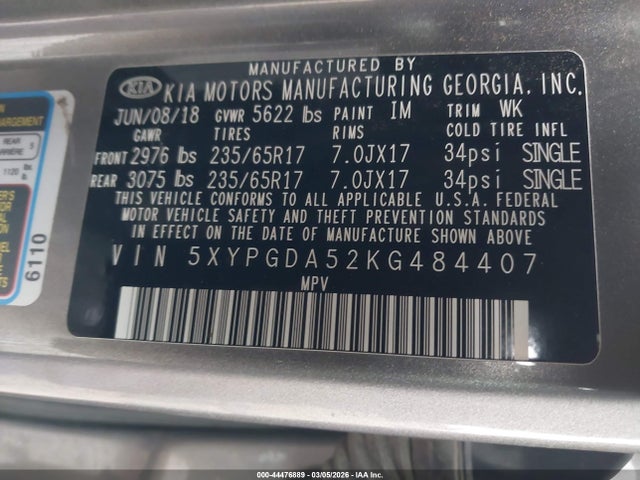 Aukcja sprzedaży 2019 Kia Sorento 3.3l Lx, vin: 5XYPGDA52KG484407, numer aukcji: 44476889