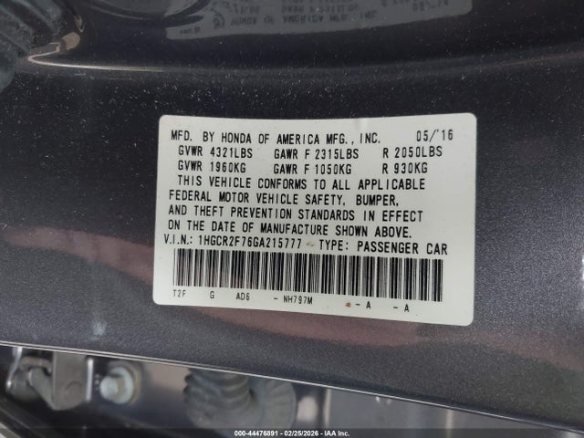 1HGCR2F76GA215777 Honda ACCORD EX