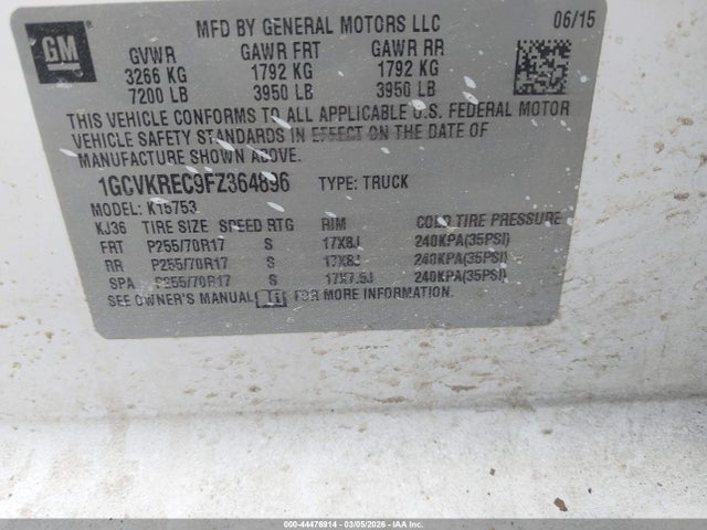 1GCVKREC9FZ364896 Chevrolet Silverado 1500 1lt