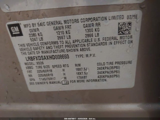 44476917 :رقم المزاد ، LRBFXDSAXHD008693 vin ، 2017 Buick Envision Essence مزاد بيع