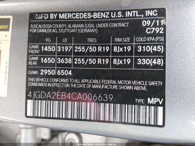 44476939 :رقم المزاد ، 4JGDA2EB4CA006639 vin ، 2012 Mercedes-benz Ml 350 Bluetec 4matic مزاد بيع
