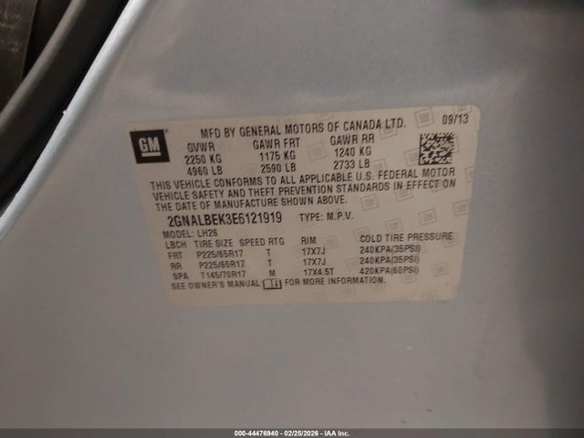44476940 :رقم المزاد ، 2GNALBEK3E6121919 vin ، 2014 Chevrolet Equinox 1lt مزاد بيع