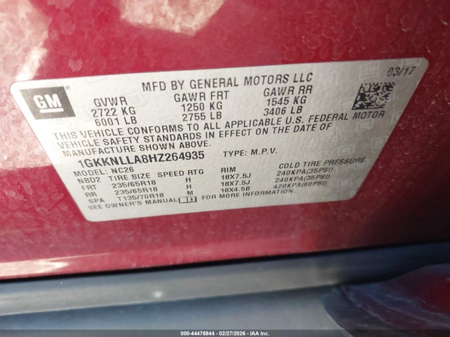 Продажа на аукционе авто 2017 Gmc Acadia Sle-2, vin: 1GKKNLLA8HZ264935, номер лота: 44476944