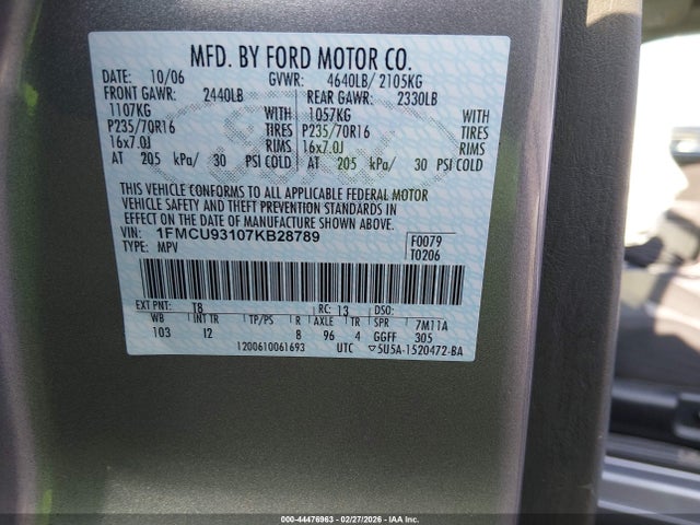 2007 Ford Escape Xlt/xlt Sport მანქანა იყიდება აუქციონზე, vin: 1FMCU93107KB28789, აუქციონის ნომერი: 44476963