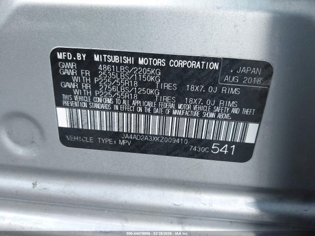 2019 MITSUBISHI OUTLANDER JA4AD2A3XKZ009410 Photo 8