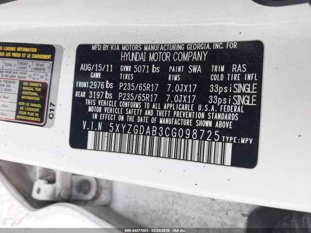 Продажа на аукционе авто 2012 Hyundai Santa Fe Gls, vin: 5XYZGDAB3CG098725, номер лота: 44477003