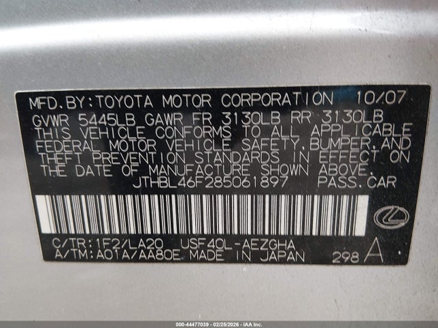 44477039 :رقم المزاد ، JTHBL46F285061897 vin ، 2008 Lexus Ls 460 مزاد بيع