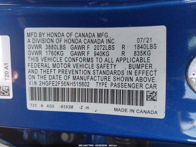 Honda Civic Sport 2022 2HGFE2F56NH515602 Image 9