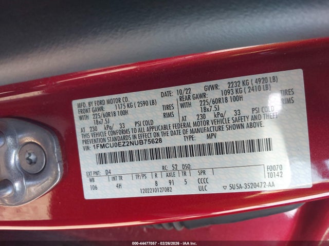 2022 Ford Escape Se Plug-in Hybrid მანქანა იყიდება აუქციონზე, vin: 1FMCU0EZ2NUB75628, აუქციონის ნომერი: 44477057
