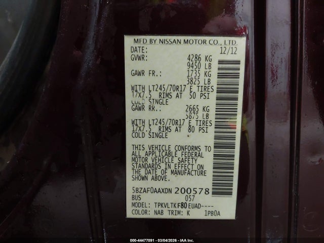Продаж на аукціоні авто 2013 Nissan Nv Passenger Nv3500 Hd Sv V8, vin: 5BZAF0AAXDN200578, номер лоту: 44477091