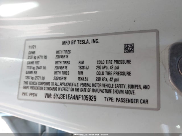 Aukcja sprzedaży 2022 Tesla Model 3 Rear-wheel Drive, vin: 5YJ3E1EA4NF105929, numer aukcji: 44477124