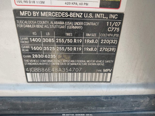 Продаж на аукціоні авто 2008 Mercedes-benz Ml 350 4matic, vin: 4JGBB86E48A354707, номер лоту: 44477130