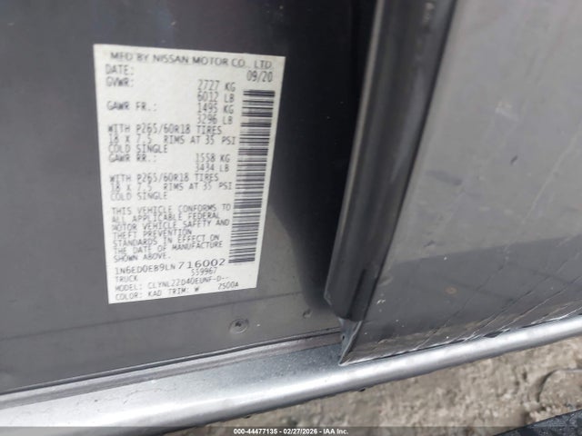 44477135 :رقم المزاد ، 1N6ED0EB9LN716002 vin ، 2020 Nissan Frontier Sv 4x4 مزاد بيع