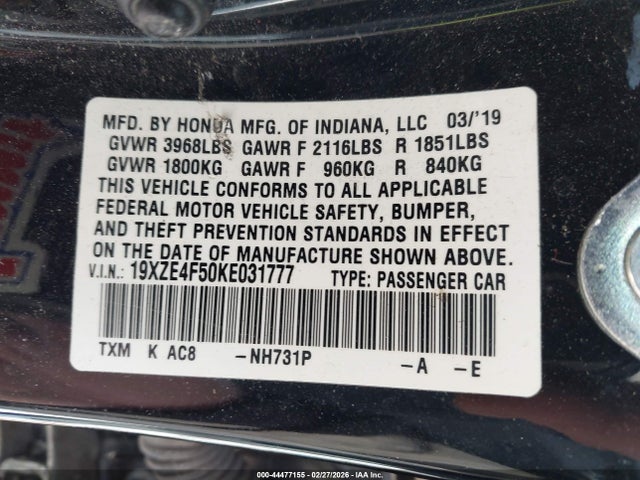 2019 HONDA INSIGHT 19XZE4F50KE031777 Photo 8