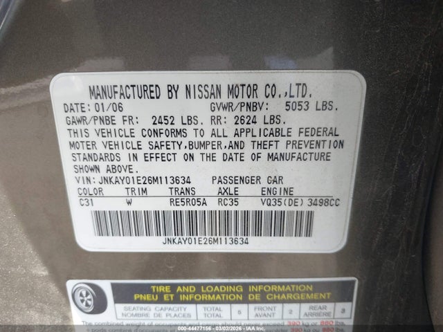 Продаж на аукціоні авто 2006 Infiniti M35 Sport, vin: JNKAY01E26M113634, номер лоту: 44477156