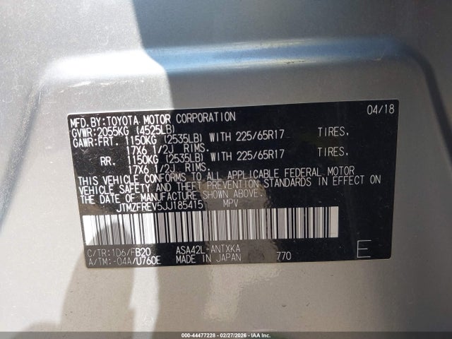44477228 :رقم المزاد ، JTMZFREV5JJ185415 vin ، 2018 Toyota Rav4 Le مزاد بيع