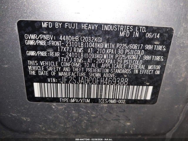 2015 Subaru Forester 2.5i Premium მანქანა იყიდება აუქციონზე, vin: JF2SJADC0FH469388, აუქციონის ნომერი: 44477240