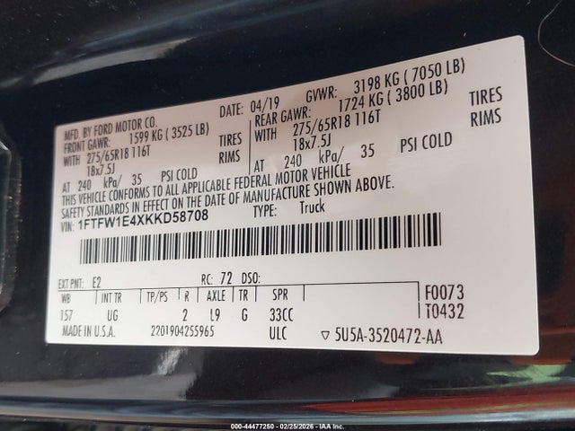 Продажа на аукционе авто 2019 Ford F-150 Xlt, vin: 1FTFW1E4XKKD58708, номер лота: 44477250