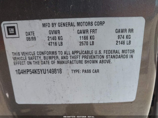2000 Buick Lesabre Custom მანქანა იყიდება აუქციონზე, vin: 1G4HP54K5YU149818, აუქციონის ნომერი: 44477278