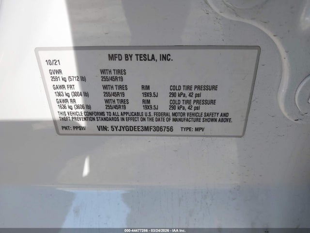 Aukcja sprzedaży 2021 Tesla Model Y Long Range Dual Motor All-wheel Drive, vin: 5YJYGDEE3MF306756, numer aukcji: 44477286