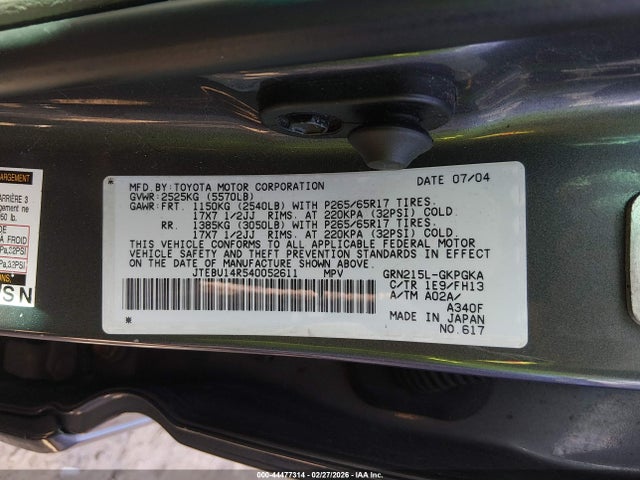2004 TOYOTA 4RUNNER JTEBU14R540052611 Photo 8