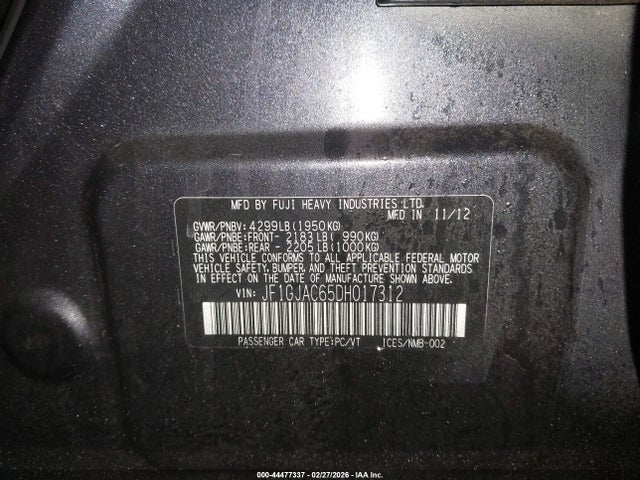 44477337 :رقم المزاد ، JF1GJAC65DH017312 vin ، 2013 Subaru Impreza 2.0i Premium مزاد بيع