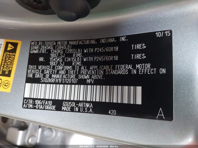 5TDZKRFH1FS120107 Toyota Highlander Le Plus V6
