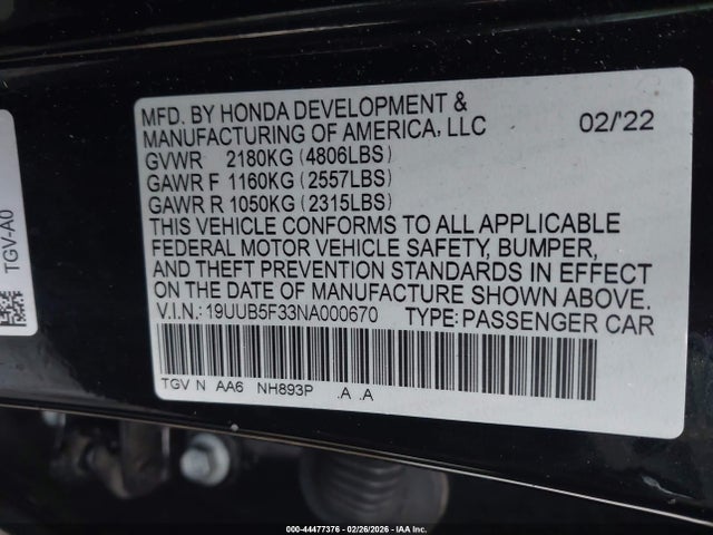 44477376 :رقم المزاد ، 19UUB5F33NA000670 vin ، 2022 Acura Tlx Standard مزاد بيع