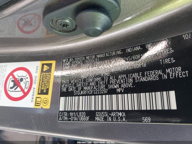 5TDJKRFH3FS223297 Toyota Highlander Xle V6