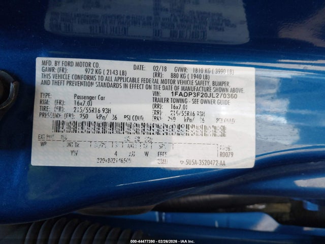 1FADP3F20JL270360 Ford FOCUS SE