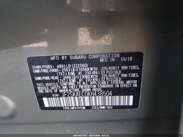 Aukcja sprzedaży 2019 Subaru Forester Premium, vin: JF2SKAEC0KH438504, numer aukcji: 44477391