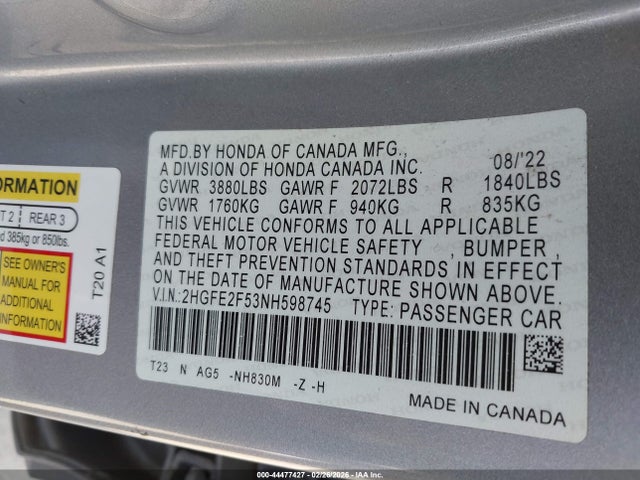 Honda Civic Sport 2022 2HGFE2F53NH598745 Image 9