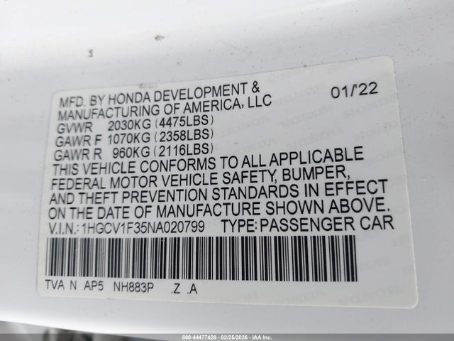 1HGCV1F35NA020799 Honda Accord Sport