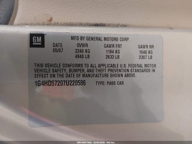 Aukcja sprzedaży 2007 Buick Lucerne Cxl, vin: 1G4HD57207U220586, numer aukcji: 44477448