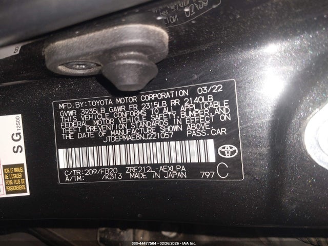 JTDEPMAE8NJ221057 Toyota COROLLA LE