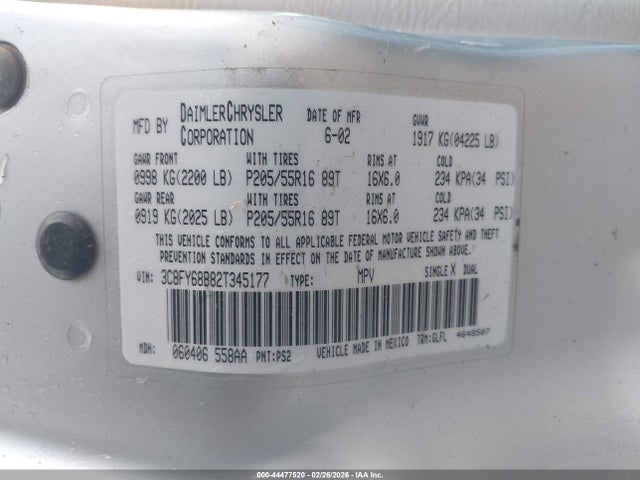 Aukcja sprzedaży 2002 Chrysler Pt Cruiser Limited, vin: 3C8FY68B82T345177, numer aukcji: 44477520