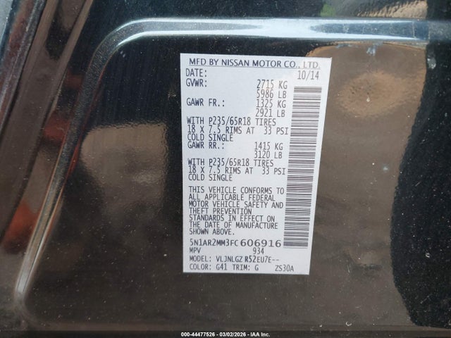 Aukcja sprzedaży 2015 Nissan Pathfinder Sl, vin: 5N1AR2MM3FC606916, numer aukcji: 44477526