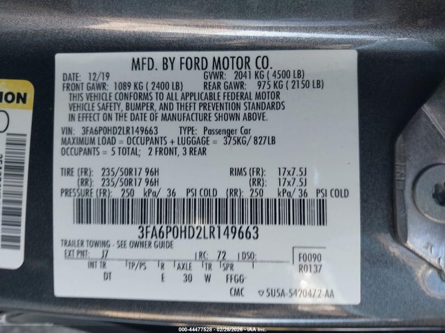 Ford FUSION SE 2020 3FA6P0HD2LR149663 Image 9