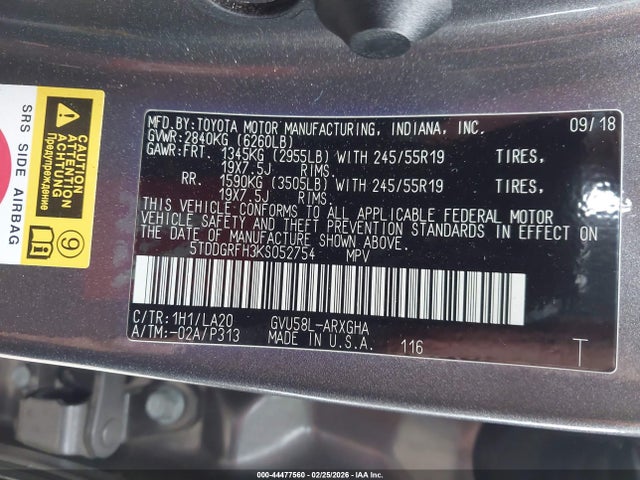 5TDDGRFH3KS052754 Toyota Highlander Hybrid Limited Platinum