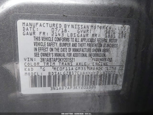 Продажа на аукционе авто 2019 Nissan Sentra Sl, vin: 3N1AB7AP3KY201521, номер лота: 44477565