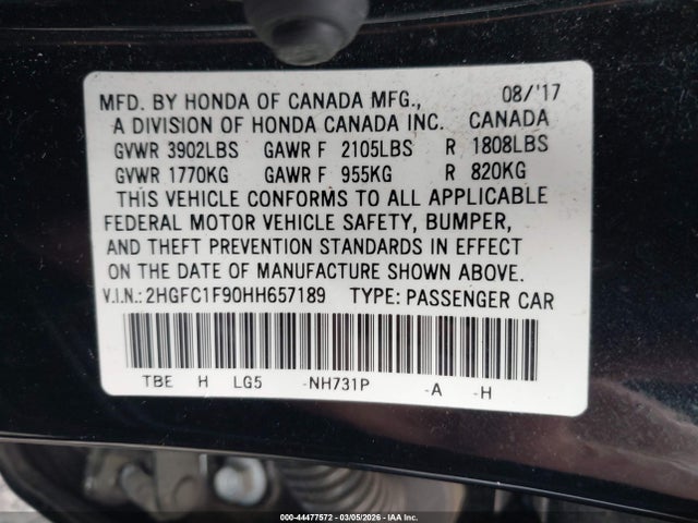 Honda Civic Touring 2017 2HGFC1F90HH657189 Image 9